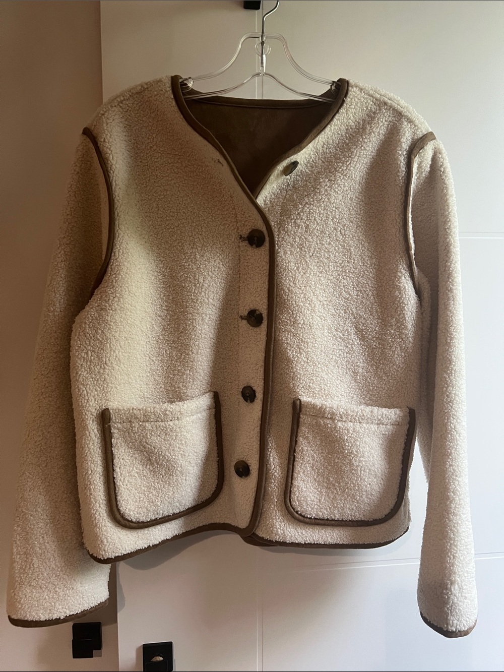 Reversible Cream & chestnut reversible Sherpa Button-Up Jacket